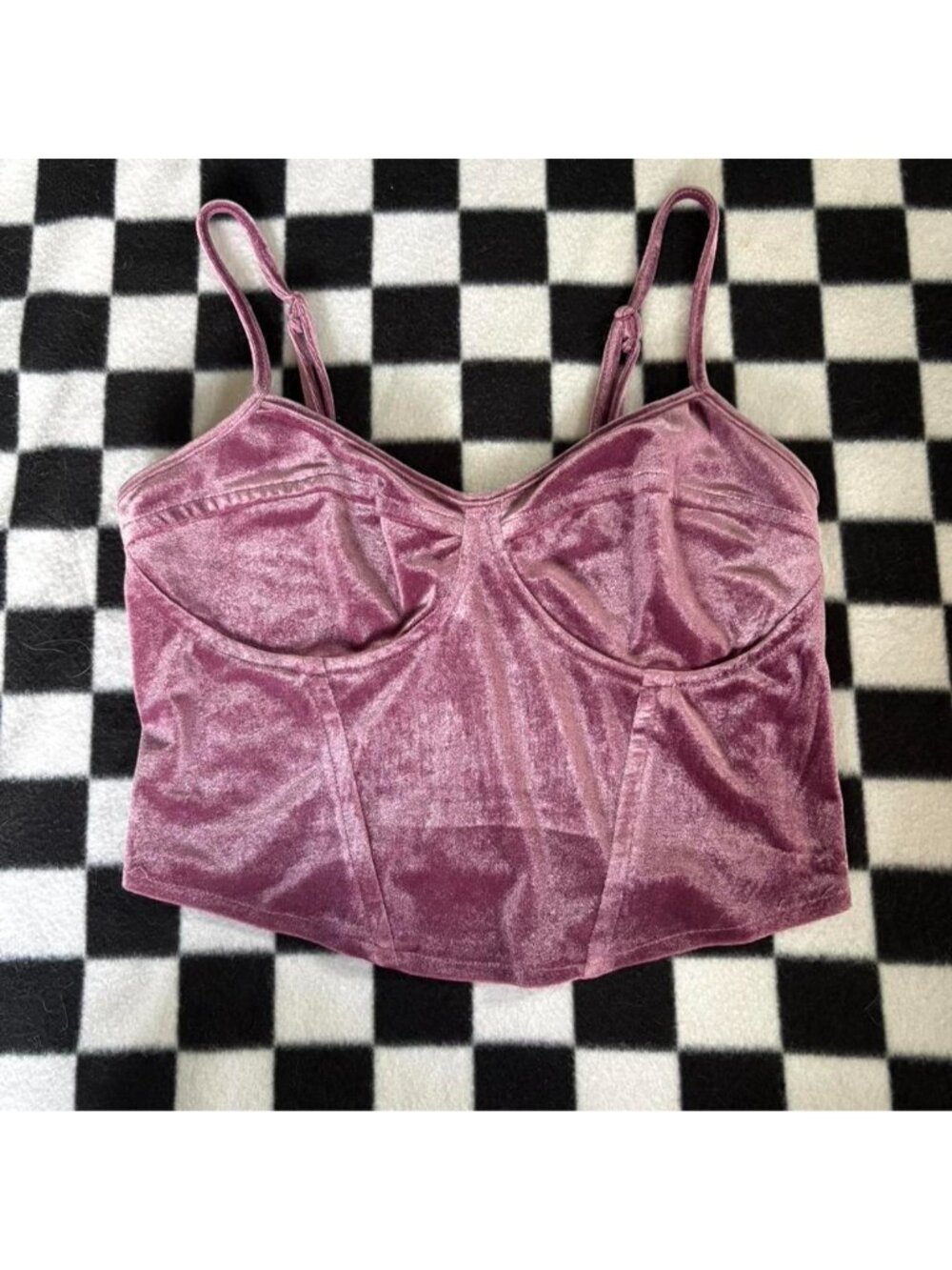 Orchid purple velvet crop top with mock boning seams